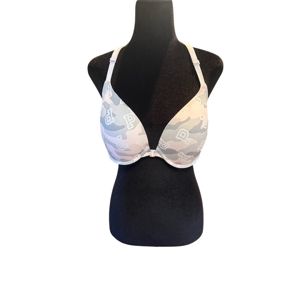 Victoria's Secret PINK Push Up Bra 36D Gray Camo Front Closure